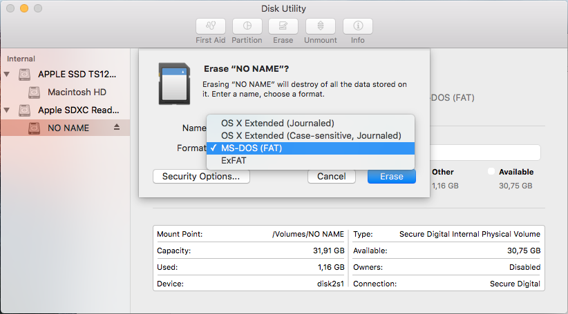 Disk Utility select file system